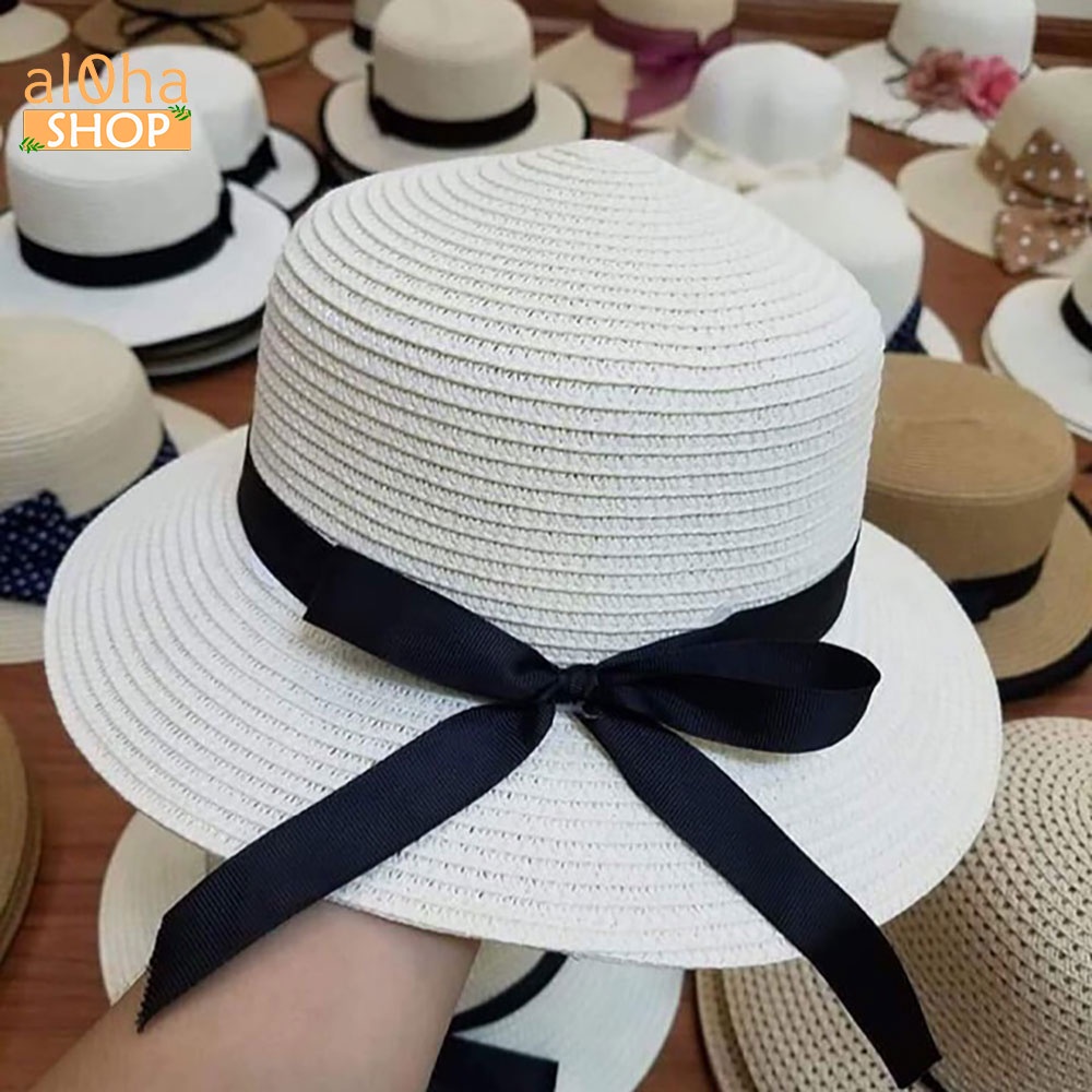 Mũ cói mềm thắt nơ dài - nón cói vành rộng chống nắng, đi biển phong cách - al0ha Shop