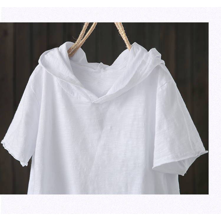Áo thun tay ngắn dáng rộng có mũ trùm đầu màu trắng phong cách Hàn Quốc thời trang mùa hè cho nữ
