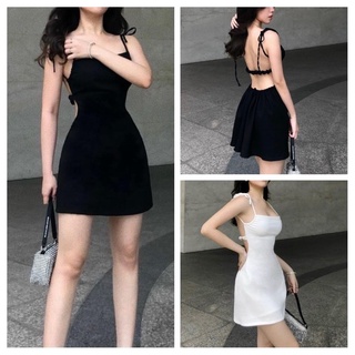 Đầm gân 2 dây cột nơ dáng xoè nhẹ hở lưng có mút