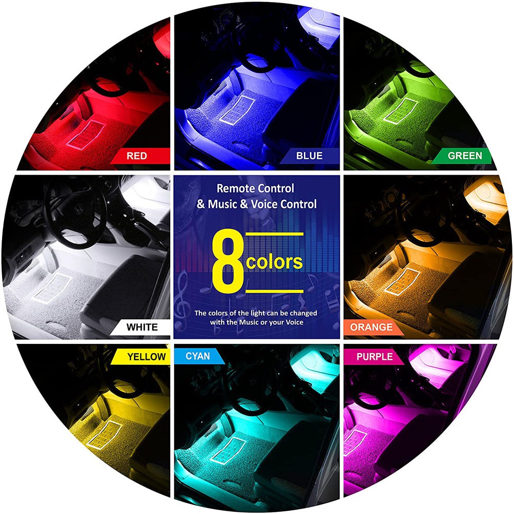 Dải Đèn LED Nhiều Màu 4x9 4x12 4x18 Trang Trí Nội Thất Xe Hơi Kèm Điều Khiển Từ Xa