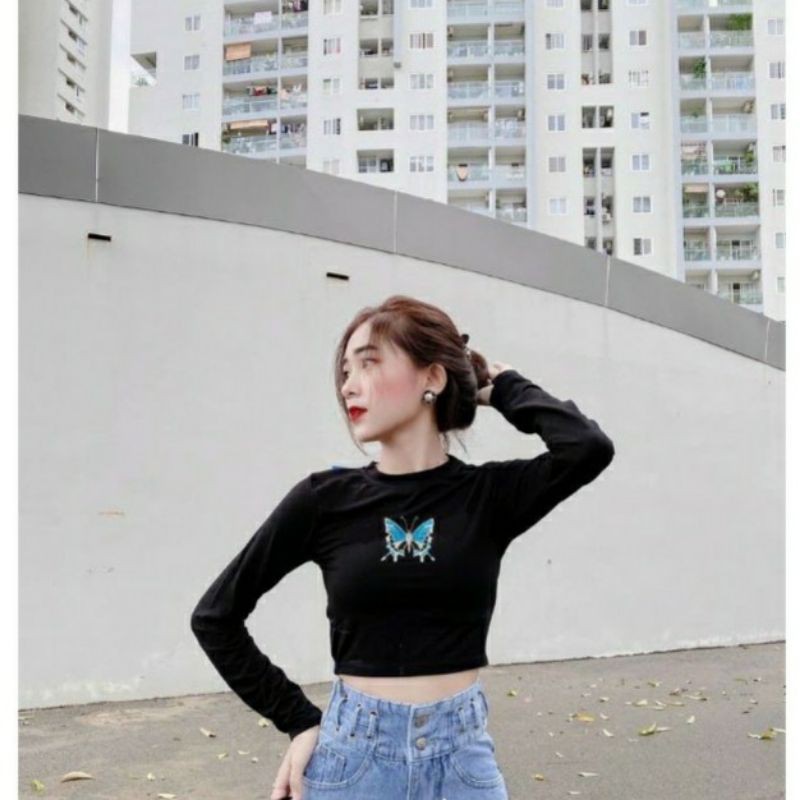 ÁO CROPTOP TAY DÀI THÊU BƯỚM CUỐN BIÊN A2 | BigBuy360 - bigbuy360.vn