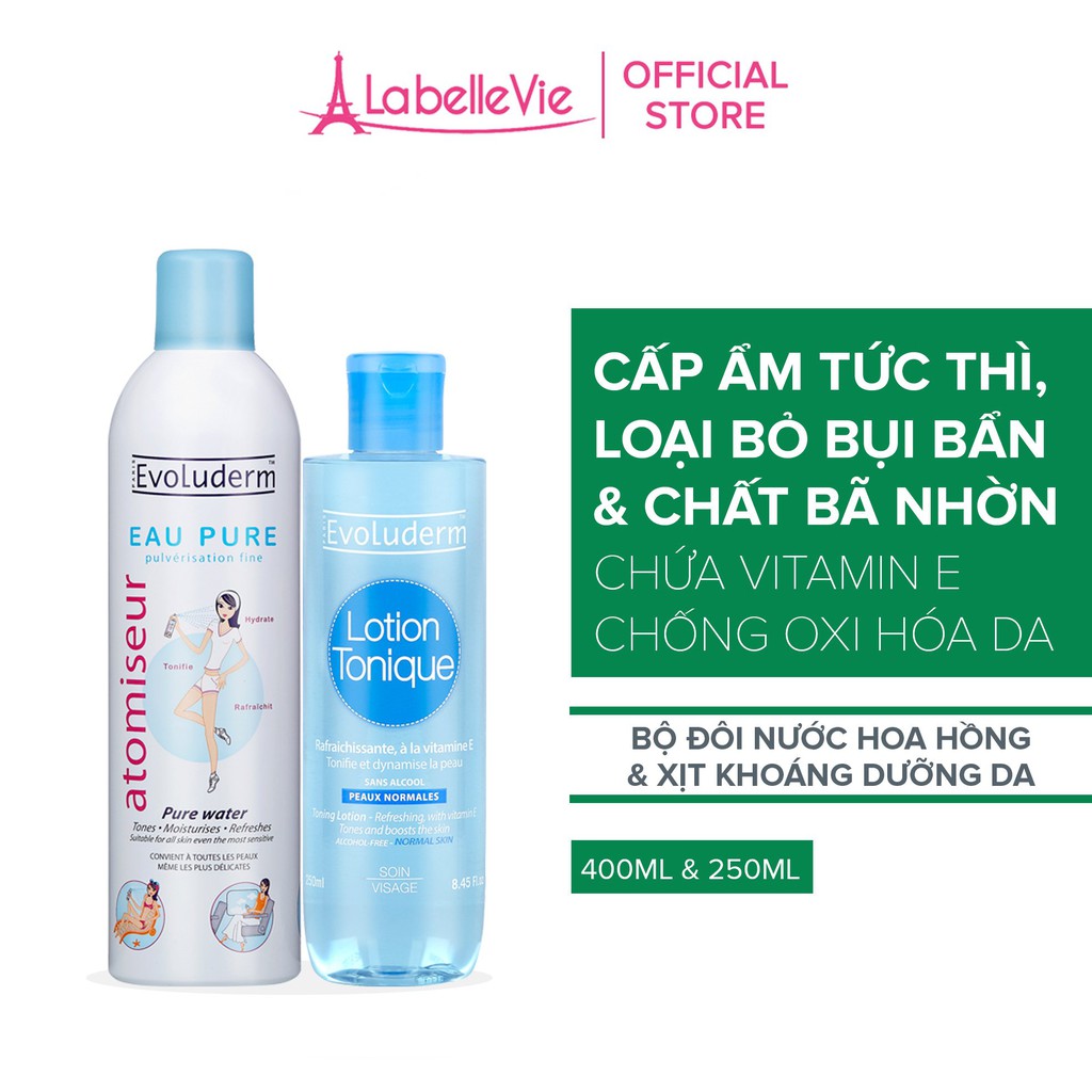 Bộ 2 sản phẩm dưỡng ẩm và chăm sóc da Xịt khoáng Evoluderm 400ml + Nước hoa hồng dành cho da thường 250ml