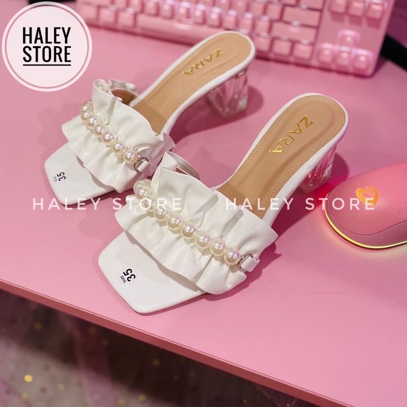 Guốc nữ 5p gót vuông trong suốt bèo nhún nhúm đính ngọc châu đi chơi đi tiệc đi du lịch HALEY STORE