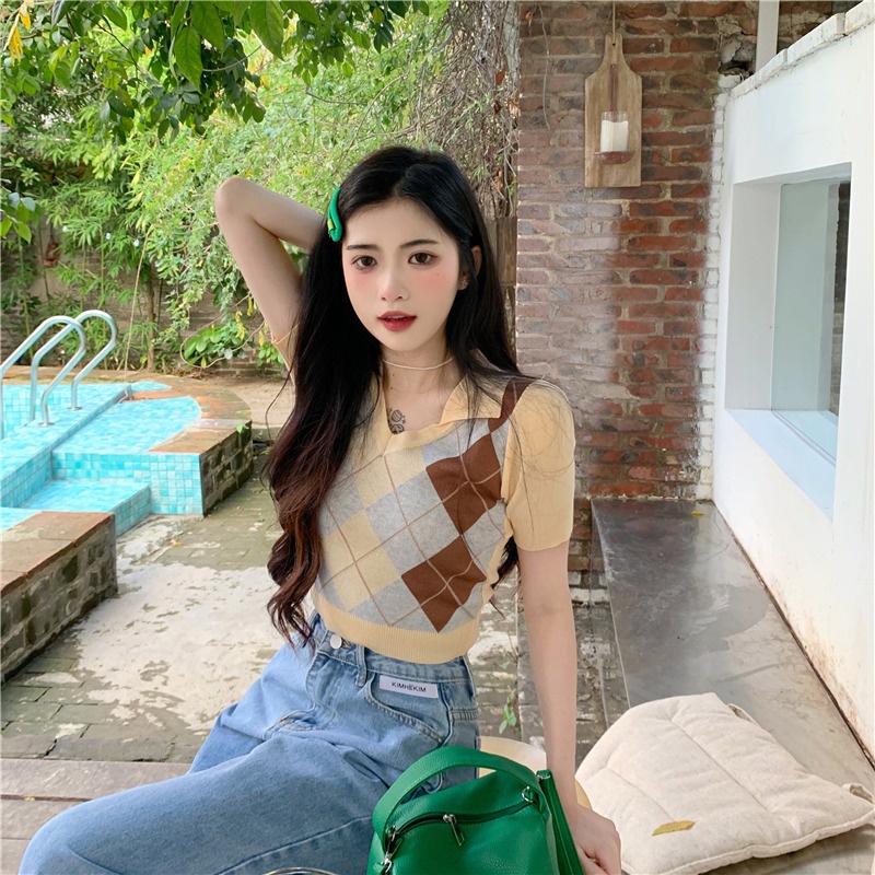 SUXI Áo Croptop Dệt Kim Tay Ngắn Cổ Chữ V Thời Trang Mùa Hè Phong Cách Vintage Cho Nữ