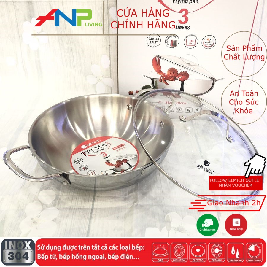 Chảo Xào Sâu Lòng Kiêm Nồi Lẩu 5 Đáy inox 304 Elmich EL-3255 (Size 32cm - Dùng Được Trên Mọi Loại Bếp) - Hàng Chính Hãng