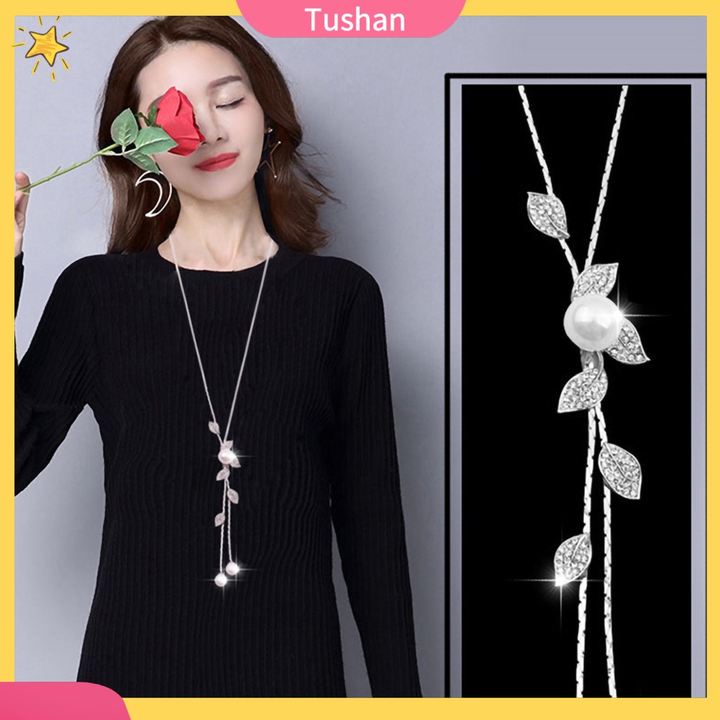 Dây chuyền mặt họa tiết lá phối ngọc trai tua rua dáng dài cho nữ