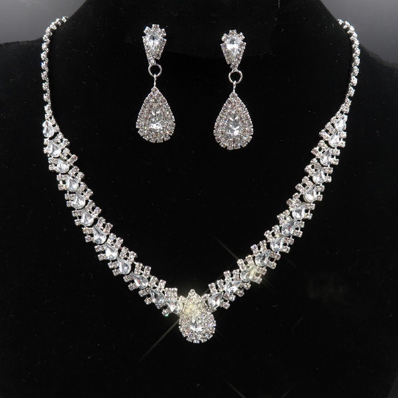 Mới Set Vòng cổ Và Bông Tai Hình Giọt Nước Đính Đá Sang Trọng Cho Cô Dâu