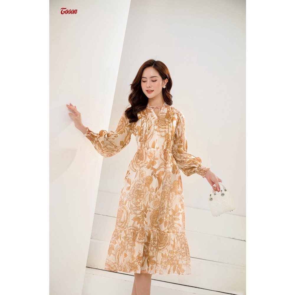 Đầm tơ in hoa nâu, dáng dài tà bong thêu bô đê Toson 43535E82