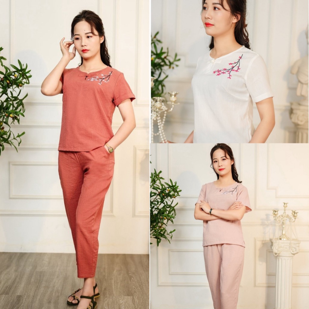 Bộ đồ nữ họa tiết thêu hoa thiết kế cúc tàu sang trọng. chất liệu đũi mềm mát thích hợp mọi lứa tuổi Ảnh thật 100%