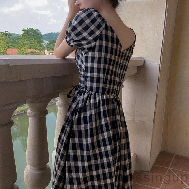 Đầm Nữ Ngắn Tay Cổ Chữ V Họa Tiết Sọc Ca Rô Thời Trang