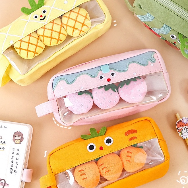 (Siphukien) Hộp đựng bút, túi đựng bút vải khóa hoa quả kèm tag, sticker bông KT 22*9