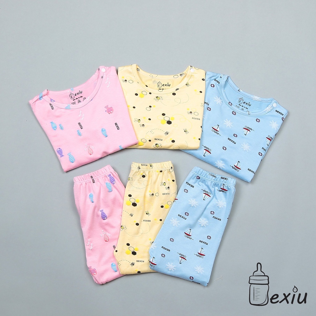 Bộ Đồ Quần Áo Sơ Sinh Tay Dài Cài Vai Bexiu In Rơi 1020 Nhiều Mẫu Cho Bé 6-19kg