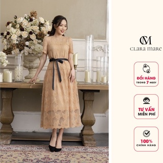 Đầm ren dún hông cổ tròn, dáng suông có đai, thời trang thiết kế Clara Mare DRE3016