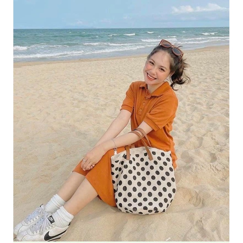 Đầm Maxi Cài Cúc Cổ Bẻ Tay Cộc Cam Đen - Váy Nữ Polo Dáng Dài