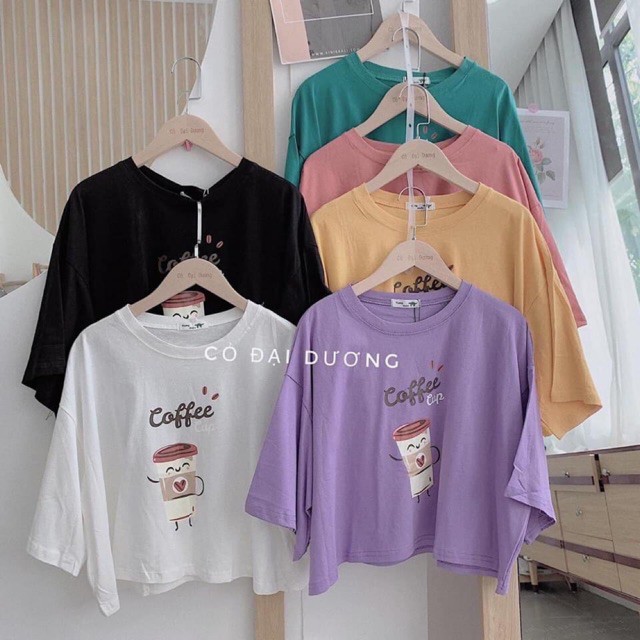 Áo croptop cộc tay thun dưới 52kg in hình cà phê