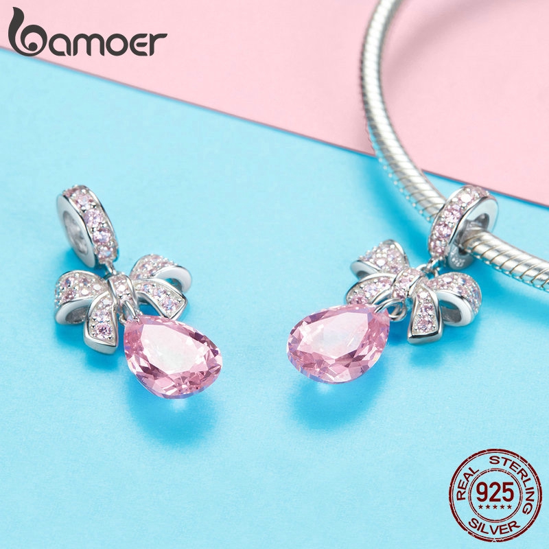 Mặt dây chuyền BAMOER hình nơ và giọt nước đính đá màu hồng bằng bạc 925 nguyên chất Sc1074