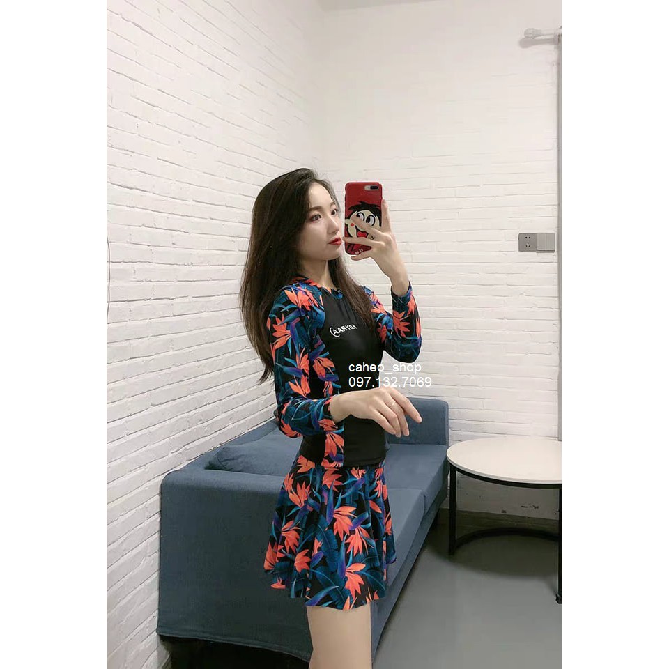 Đồ bơi nữ áo dài tay + chân váy có quần short trẻ trung, xinh đẹp BK370B | BigBuy360 - bigbuy360.vn