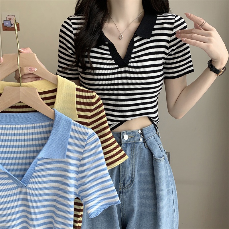 SUXI Áo Croptop Dệt Kim Mỏng Tay Ngắn Kẻ Sọc Thời Trang Mùa Hè Cho Nữ