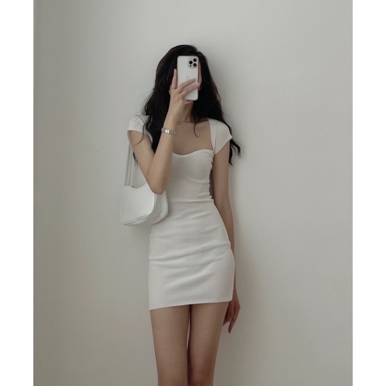 Váy Thun Tăm Cộc Tay Cổ Én Nữ - Đầm ôm body dáng ngắn thiết kế hở cổ, tay lỡ tiểu thư bánh bèo style Ulzzang