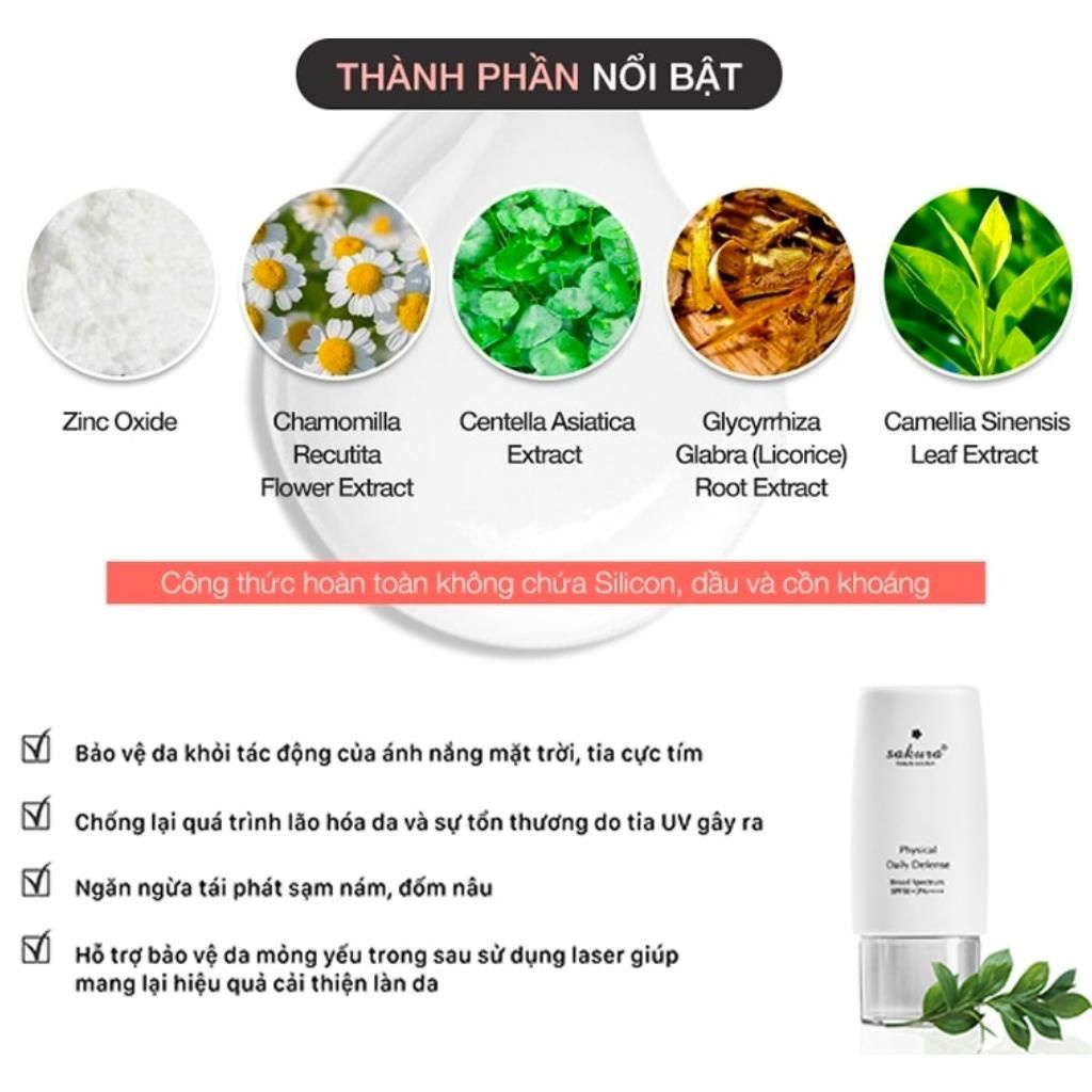 Kem Chống Nắng Vật Lý Dạng Nhũ Tương Sakura Physical Daily Defense SPF 50+ PA++++ (Hộp 60g)