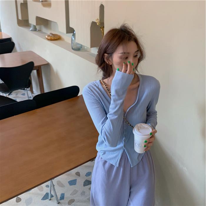 【HangFei】Áo Cardigan Dệt Kim Tay Dài Cổ Chữ V Lưng Cao Phong Cách Retro