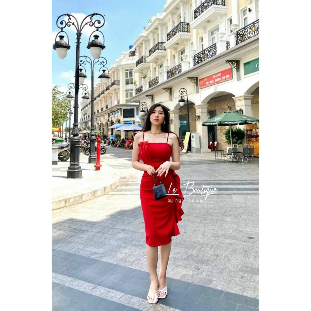đầm satin nhung hai dây dáng ôm phối bèo siêu đẹp thời trang chuẩn hotgirl m5345