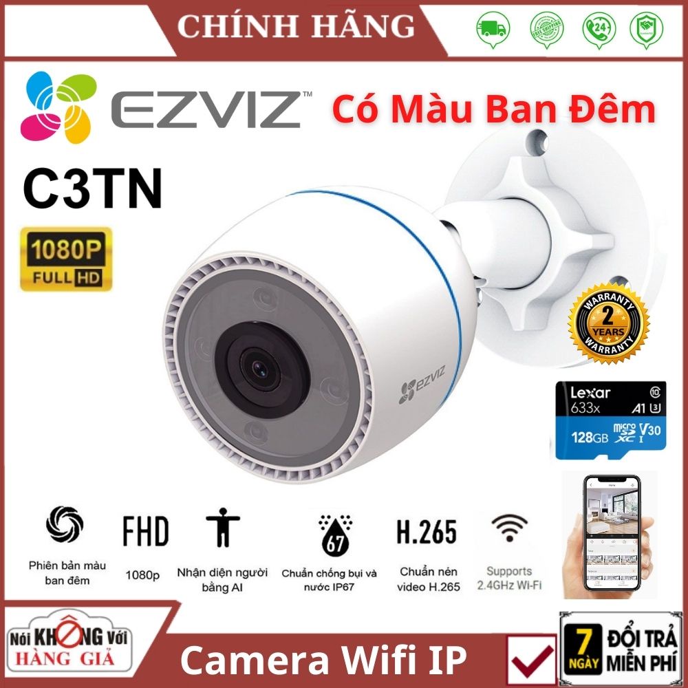 Camera wifi , Camera Ezviz ngoài trời C3TN 2.0MP xem đêm có màu , chống nước , đàm thoại 2 chiều , báo động thông minh