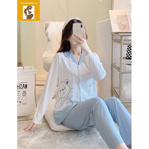 Đồ bộ bầu và sau sinh cho con bú gấu bear xanh dáng pyjamas trẻ trung lịch sự mặc khi ở cữ, mang thai
