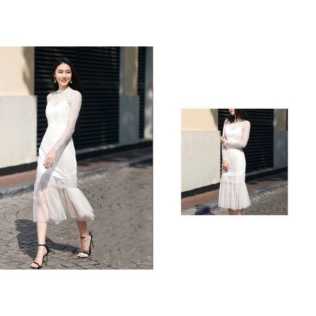 Đầm dự tiệc đuôi cá dài tay sang trọng màu tráng/ Ảnh thật