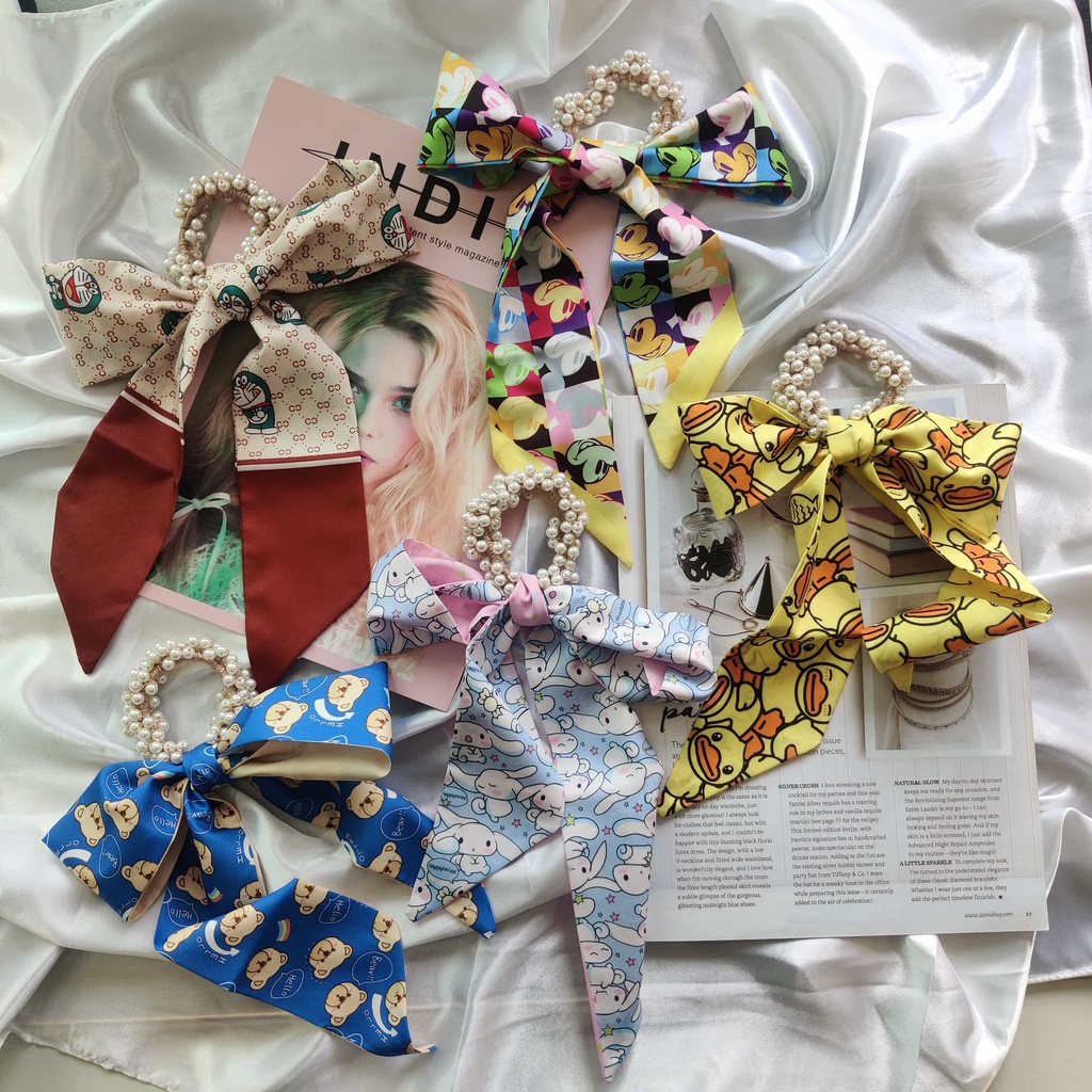 Dây buộc tóc ruy băng co giãn đính ngọc trai phong cách Hàn Quốc 2021 cho nữ