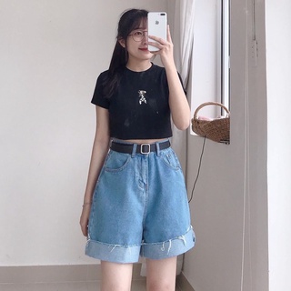 Quần Short Jean Nữ Ống Rộng Quần Sooc Bò Nữ Lưng Cao Màu Xanh Trơn Cắt Gấu ANJ 2325 Gous.go