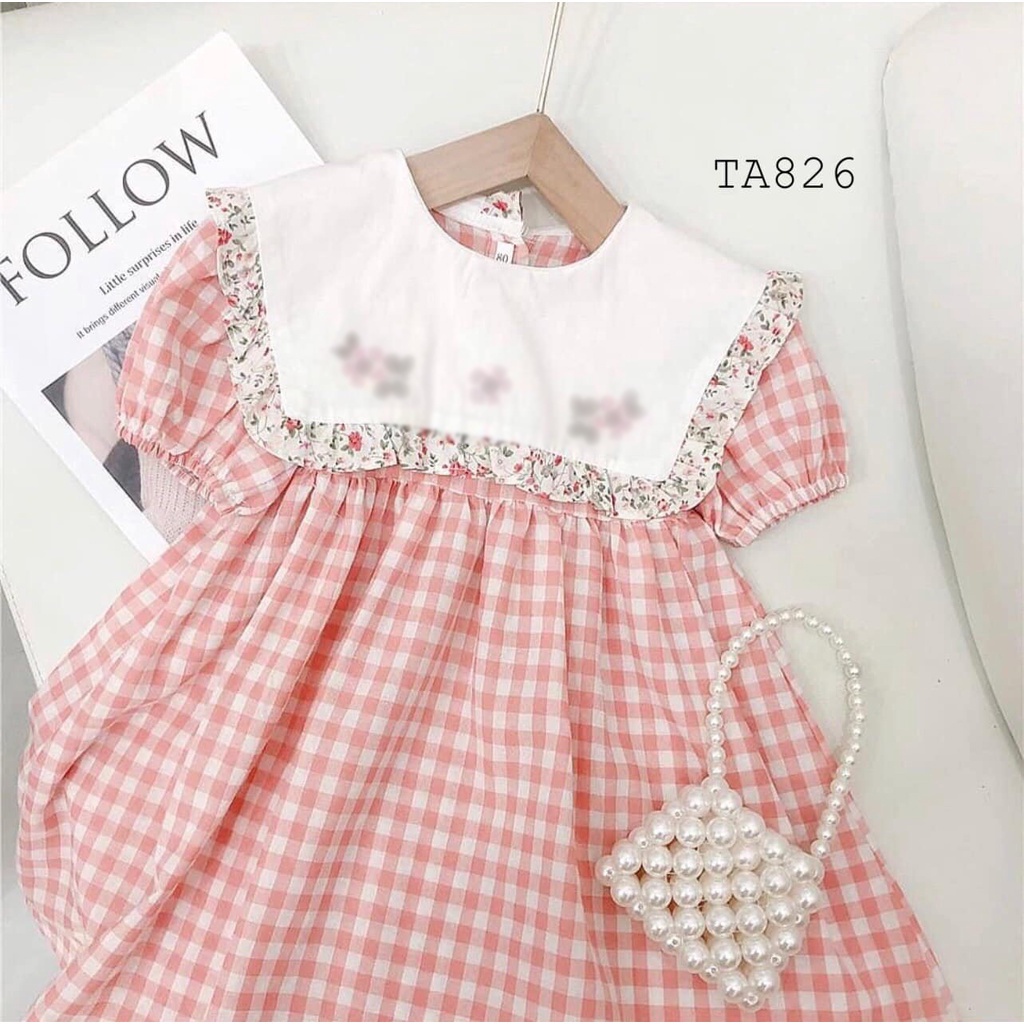 Váy bé gái - Váy kẻ caro cổ vuông viền hoa xinh xắn cho bé 1-5 Tuổi (KÈM VIDEO SHOP TỰ QUAY)