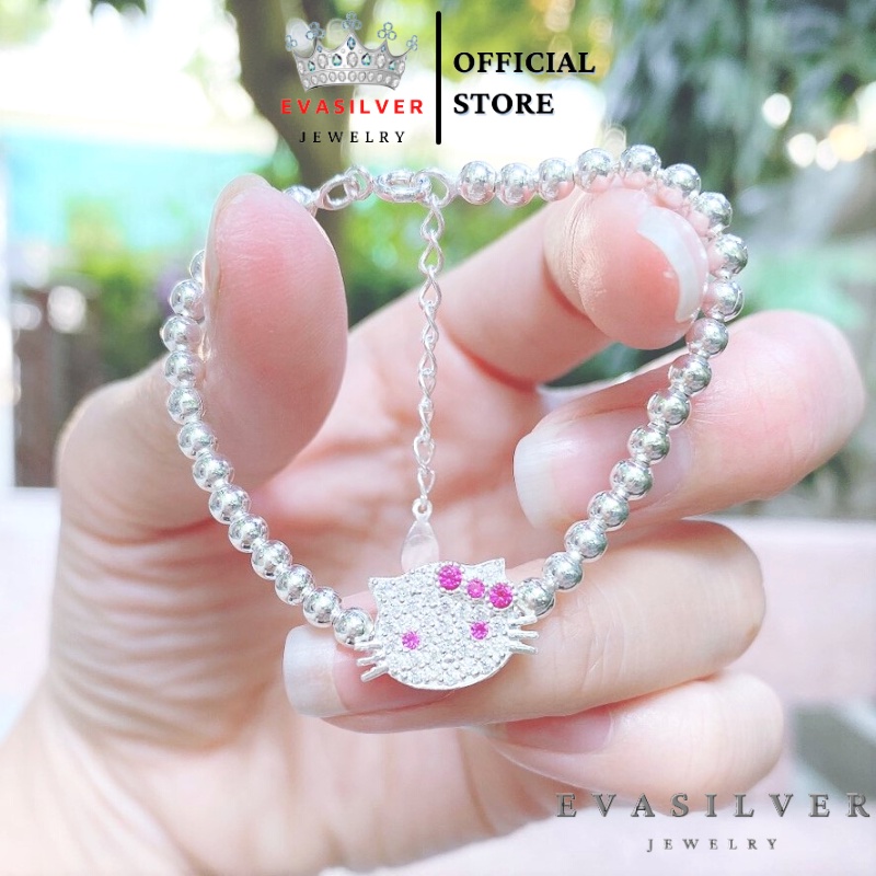 Lắc tay bi bạc hình mặt mèo cho bé gái, Vòng tay chất liệu bạc ta cao cấp