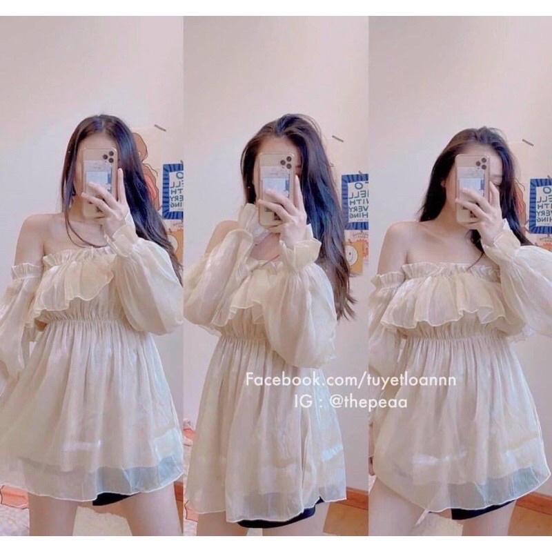 [VIDEO] Áo Váy trễ vai voan nàng thơ óng ánh 2 màu kim tuyến bánh bèo Váy dự tiệc đi chơi | BigBuy360 - bigbuy360.vn