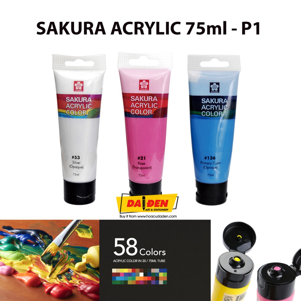 [DA ĐEN] Bảng 1- Màu Acrylic Sakura Tuýp 75Ml - XAC75 (Vẽ Được Nhiều Chất Liệu)