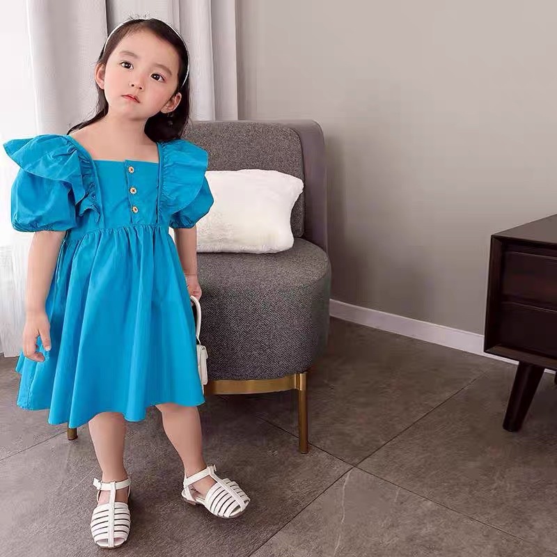 Váy đầm xanh coban dải cúc cho bé gái