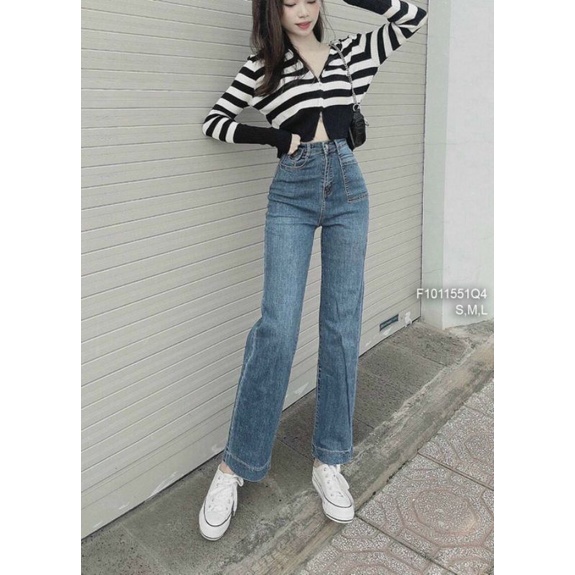Quần jean dài ống suông lưng cao!