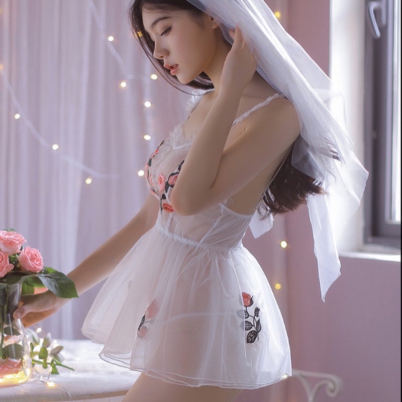 Mã FM7892+98 Cosplay Cô Dâu - Váy Voan Mỏng Thêu Hoa Kèm Phụ Kiện Vương Miện - Phong Cách Hoá Trang Gợi Cảm Cho Nữ