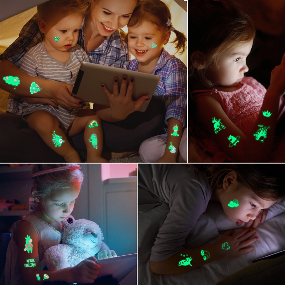 Bộ 5 Trẻ Em Hoạt Hình Dạ Quang Hình Dán Xăm Không Thấm Nước Cho Đảng Động Vật Khủng Long Nàng Tiên Cá Mặt An Toàn Toàn Thân Dán
