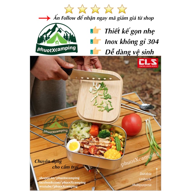 Nồi inox đa năng nắp thớt gỗ CLS nhỏ gọn tiện lợi chắc chắn cho cắm trại dã ngoại phượt bụi - phuotXcamping