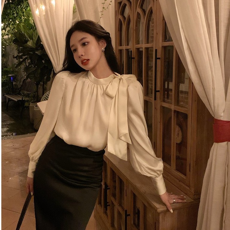 Áo sơ mi trắng tay dài chất liệu satin phong cách phương Tây cho nữ