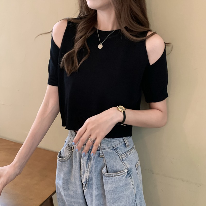 Áo Croptop Dệt Kim Tay Ngắn Cổ Tròn Hở Vai Cá Tính Cho Nữ