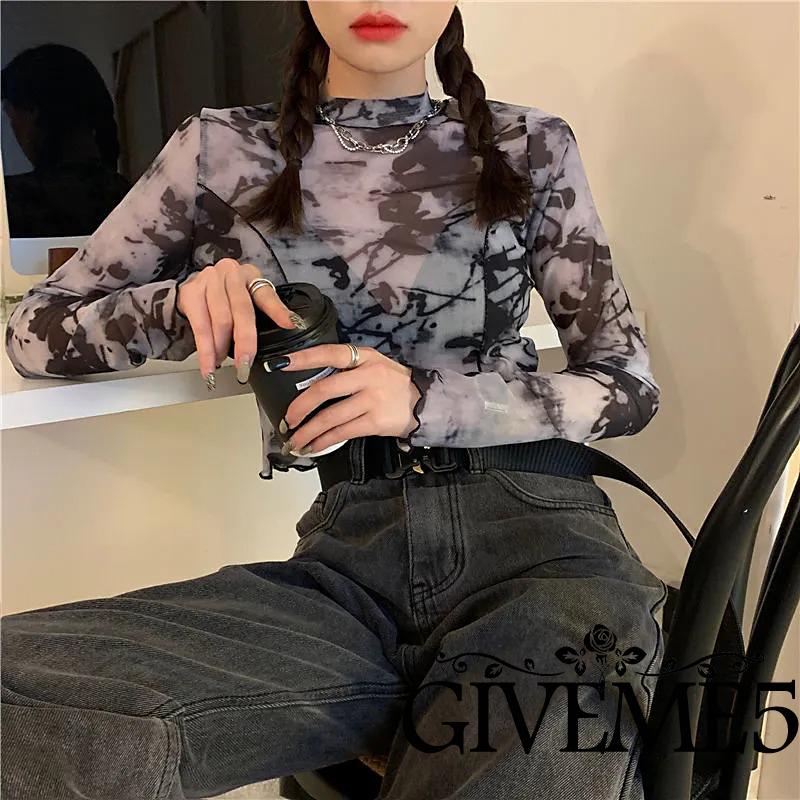 Áo Croptop Tay Dài Phối Lưới Xuyên Thấu In Họa Tiết Trừu Tượng Thời Trang Cho Nữ