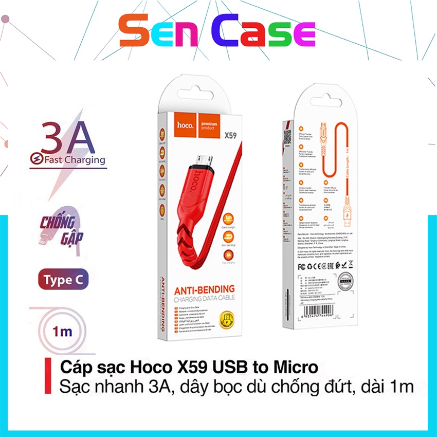 Cáp Sạc Nhanh 3A Hoco X59 Chân Micro USB Dây Dù Siêu Bền Dài 1M, Hỗ Trợ Truyền Dữ Liệu Cho Android-Hàng Chính Hãng