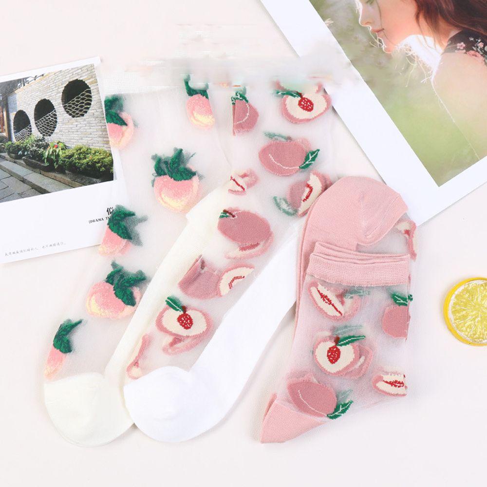 Mocho Vớ Lụa Thủy Tinh Ống Trung In Hình Quả Đào Đơn Giản Thoải Mái Thời Trang Cho Nữ