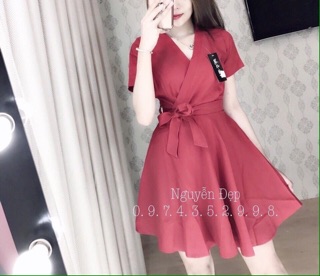 🍒Đầm xoè cổ V đắp chéo eo cột nơ