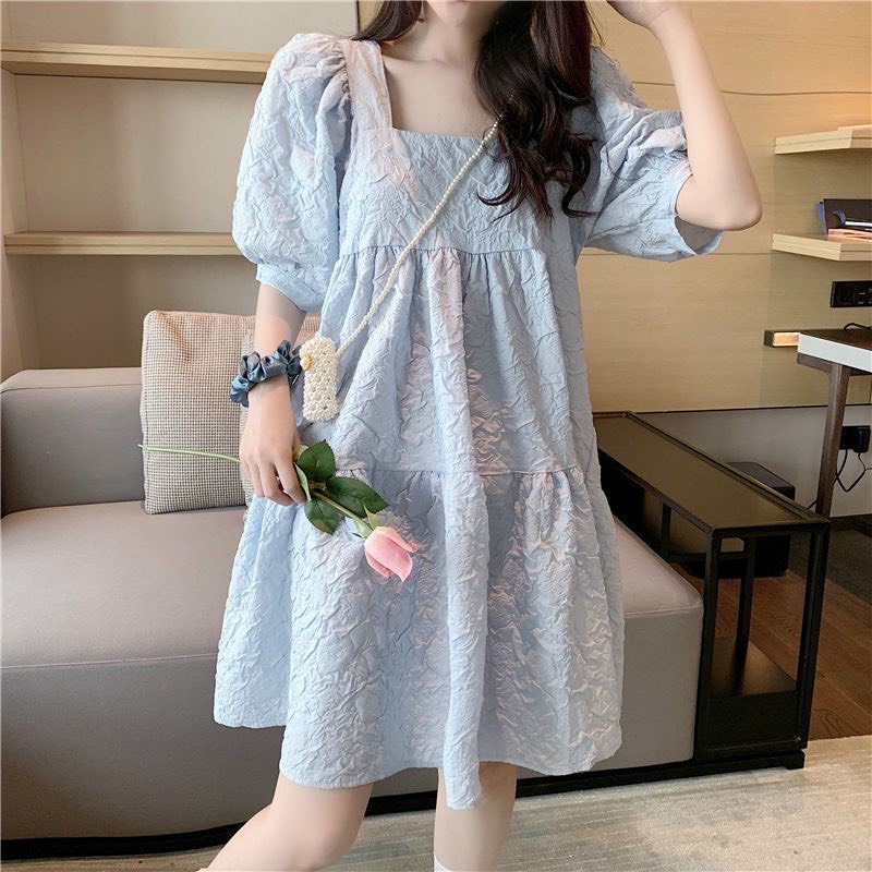 Váy bầu đũi xốp nhăn quảng châu Cổ Vuông Tay Bồng tiểu thư cực xinh