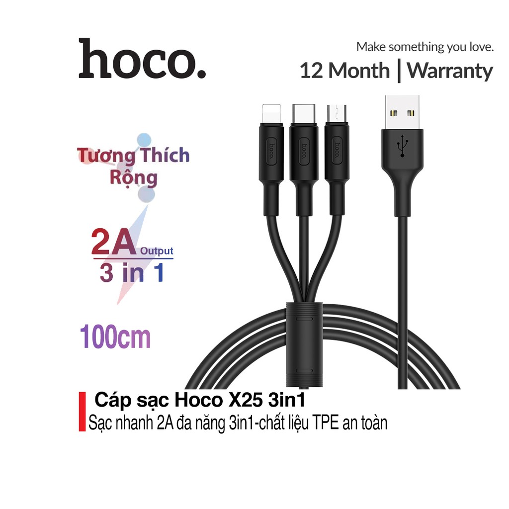 Cáp sạc ba đầu Lightning + Micro + Type C Hoco X25 dài 1m