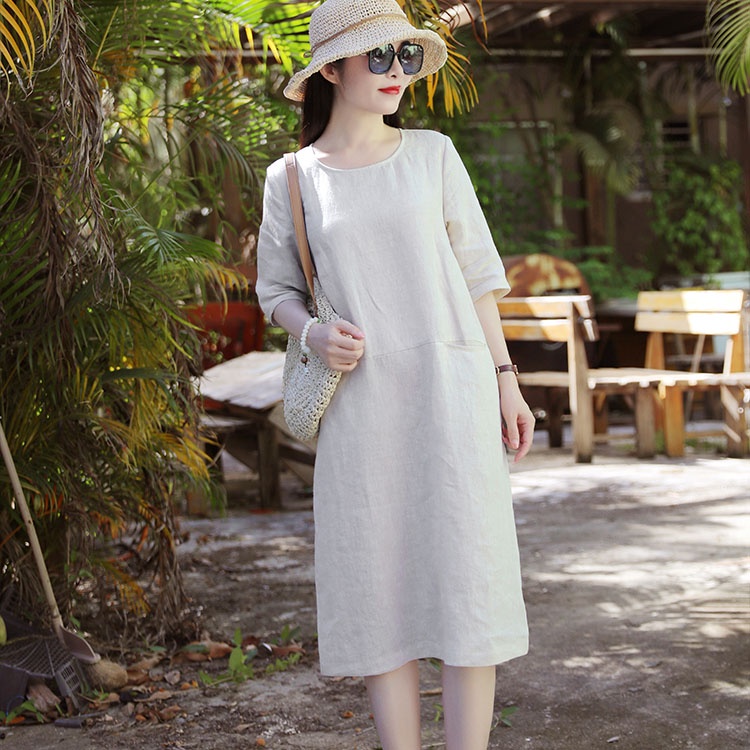Đầm suông linen cổ tròn tay lỡ 2 túi bổ trước - Màu muối tiêu