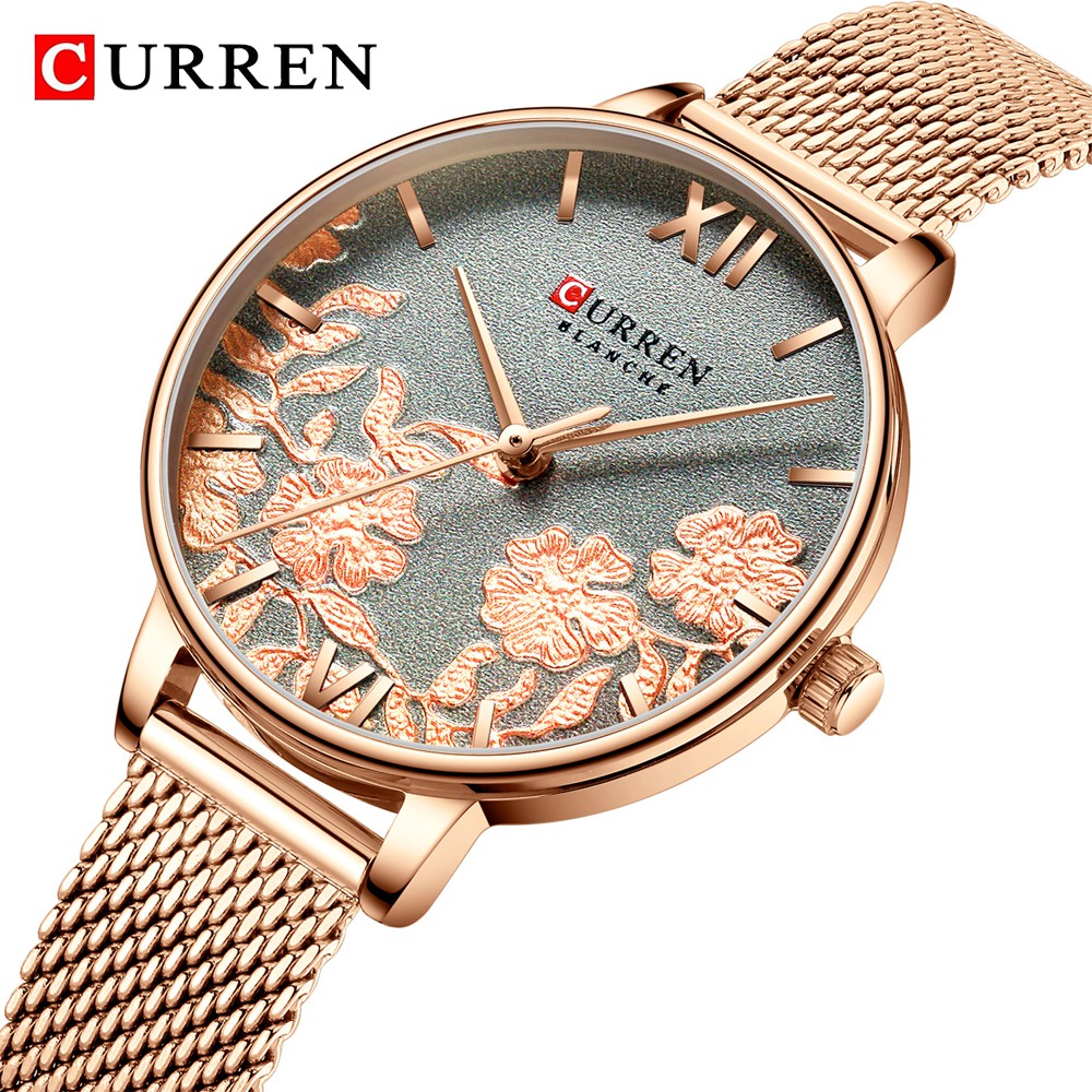 Đồng Hồ Quartz CURREN 9065 Họa Tiết Hoa Với Dây Đeo Bằng Thép Dạng Lưới Màu Vàng Hồng